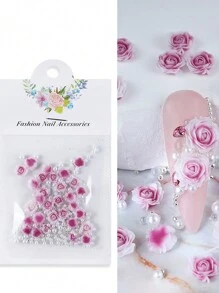 30件/包情人节3D玫瑰花指甲饰水钻装饰混合仿真珍珠饰美甲配件春季美甲用品指甲宝石