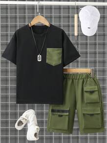 Tween-Jungen Tägliches, lässiges, kurzärmliges Arbeitskleidungs-Set mit Taschenshorts, 2-teiliges Set