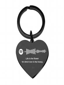 1pc Heart-Shaped Spotify Music Song Code Pendant Stainless Steel Keychain, Black - Silver - View 1