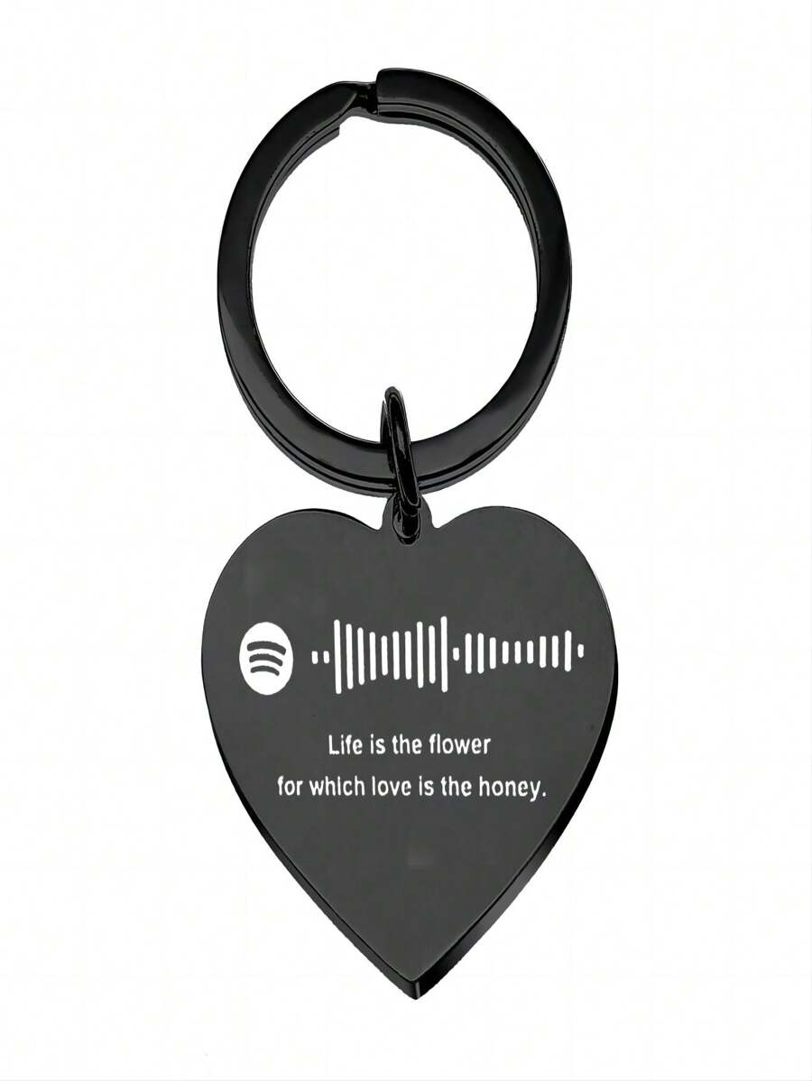 1pc Heart-Shaped Spotify Music Song Code Pendant Stainless Steel Keychain, Black - Silver - View 1