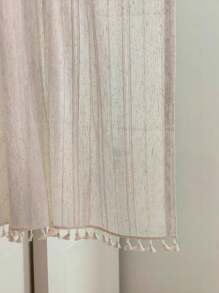 2pcs Japanese Style Striped Tassel Curtain For Bedroom, Balcony, Kitchen - Linen Striped Door Curtain, Divider, Half Shading, Free Punch Window Curtain - Beige - View 6