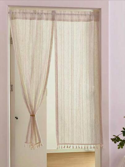 2 piezas Cortina con borlas a rayas estilo japonés para dormitorio, balcón, cocina - Cortina de puerta a rayas de lino, divisor, semi-sombreado, cortina de ventana sin perforaciones