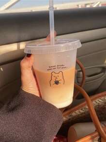 1pc/5pcs 470ml/700ml PP Coffee Cup, Portable Cartoon Straw Cup, Ice Caffè Americano Cup, Couple Water Bottle - Clear - View 4