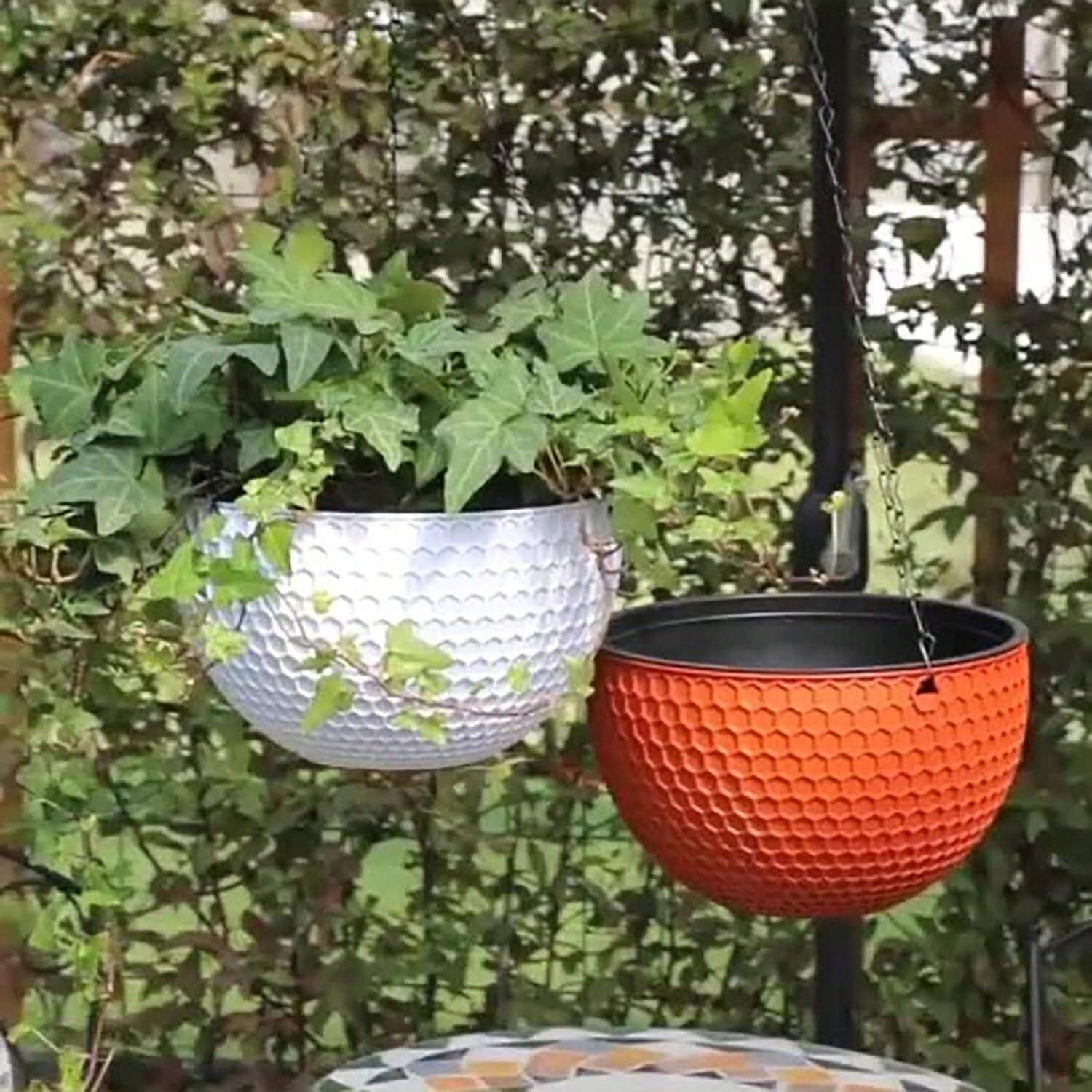 Lot De 2 Pots De Fleurs Suspendus Noirs Avec Base En Bois - Déco Murale Intérieure Et Extérieure