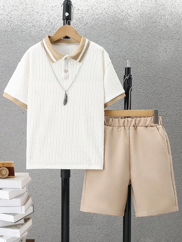 2pcs/Set Tween Boy Casual Daily Fashion Short Sleeve Ribbed Polo Shirt And Shorts Set, Spring/Summer