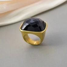 1 Peça Anel Quadrado Grande Decorado com Gemas, Banhado a Ouro 14K em Aço Inoxidável, para Homens e Mulheres, Luxuoso e Elegante