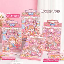 1盒鑽石畫製作套件，採用丙烯酸樹脂材料，有多款可愛的卡通圖案，附有鑽石筆、多色鑽石、畫布、膠水和托盤。 - 粉色 - 查看 1