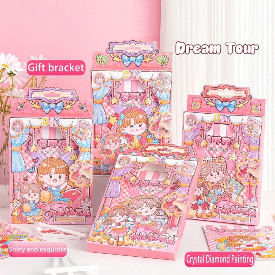 1盒鑽石畫製作套件，採用丙烯酸樹脂材料，有多款可愛的卡通圖案，附有鑽石筆、多色鑽石、畫布、膠水和托盤。 - 粉色 - 查看 1