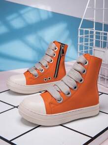 Toddler Kids Boys And Girls Lace-Up Front High Top Skate Shoes Pu Leather Sport Shoes With Side Zipper And Comfortable Soft Sole - 橘色 - 查看 1
