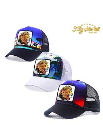 tilgomedal 1PC White Or Black Adjustable Trucker Mesh Baseball Caps For Women & Men,Farm Animal Lion Embroidery Badge Snapback Hats,Jungle And Grassland Digital Printing Background Suitable For Outdoor Beach Sports,Parties, And Couple Festival Gifts