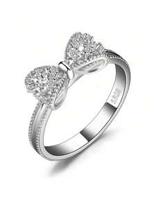 1 件精致简约蝴蝶结设计水钻镶嵌戒指适合女士日常佩戴情人节、妈妈、母亲、母亲节、礼物 - 銀色 - 查看 2