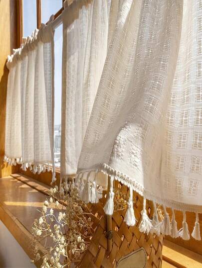 1 Stück beige kariertes kleines Fenstervorhang, japanischer Stil Kaffee Shop Vorhang mit Quastenspitze, Stangentaschen Küchenvolant, Fensterdekoration für Wohnzimmer und Schlafzimmer, dekorativer Vorhang für Schrank Abdeckung zu Hause