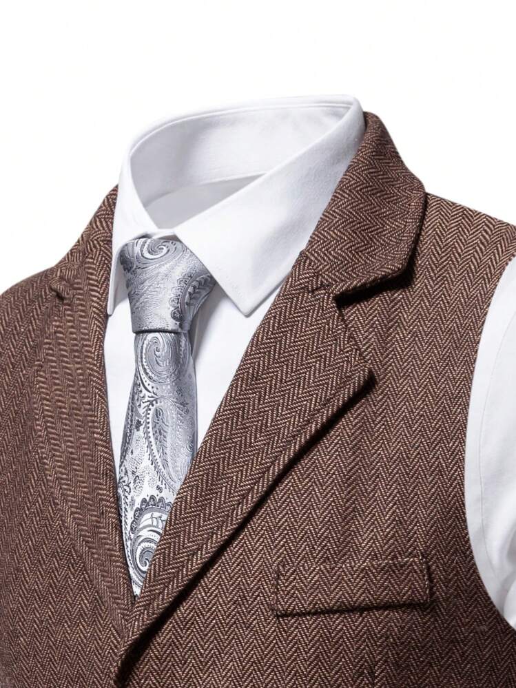 Gilet en tweed en laine pour hommes, col à revers vintage avec décoration de chaîne, pour l'automne et l'hiver - Marron - Voir 4