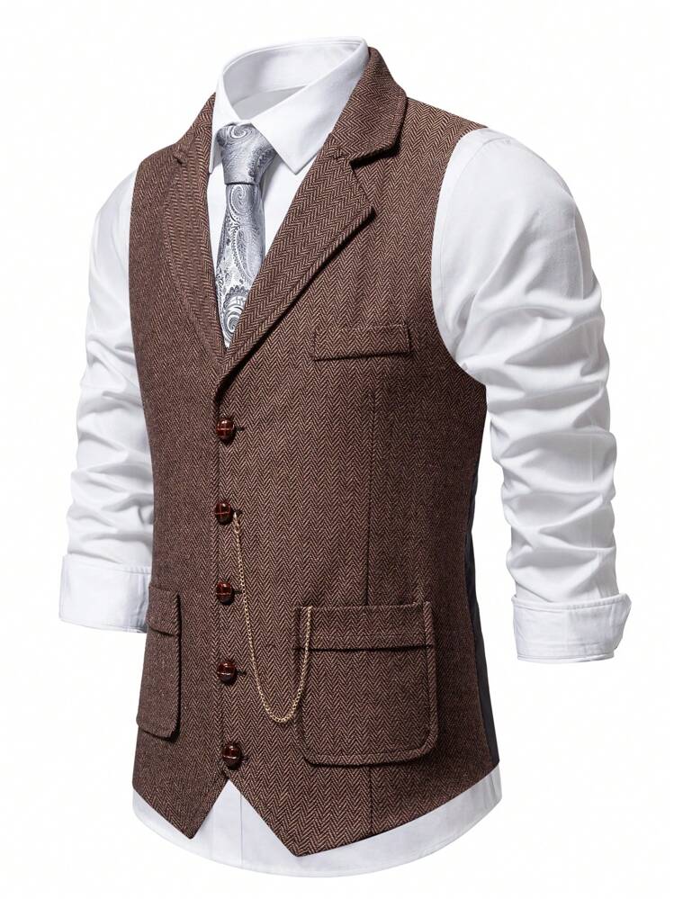 Gilet en tweed en laine pour hommes, col à revers vintage avec décoration de chaîne, pour l'automne et l'hiver - Marron - Voir 2