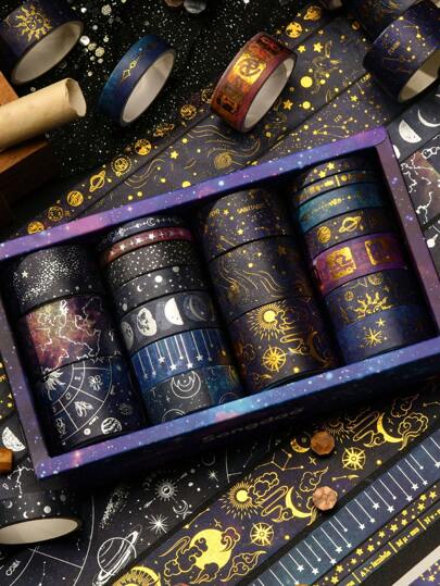 20 Rolls Cosmic Theme Washi Tape Set, Includes Galaxy, Stars, Moon, Gold And Silver Patterns, Suitable For Stamping, Masking Tape, Decorative Stickers, Great For Back To School Season