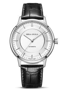 SEA-GULL 1入組男士白色錶盤自動機械錶，配鋼質表圈和皮革錶帶，適用於休閒或商務場合 - 銀色 - 查看 5