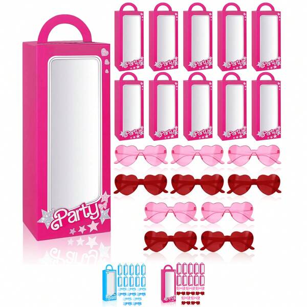 Juego de 20 piezas Caja de regalo de princesa rosa, 10 piezas Caja de recuerdo de fiesta rosa, 10 piezas Gafas en forma de corazón para fiesta, suministros para cumpleaños, despedida de soltera, decoración, vuelta al colegio, Día de San Valentín