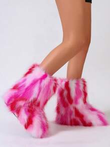 Women Colored Pink Plush Snow Boots Fashionable Thickened Warm Fluffy Mid-Tube Boots With Striped Pattern, Fluffy Jacquard Decoration And Thermal Lined