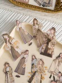 1 pieza de delicada ilustración de niña con neblina dibujada a mano en material impermeable PET para decoración de álbumes de recortes - Multicolor - Ver 7