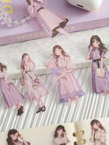 1 pieza de delicada ilustración de niña con neblina dibujada a mano en material impermeable PET para decoración de álbumes de recortes - Multicolor - Ver 6