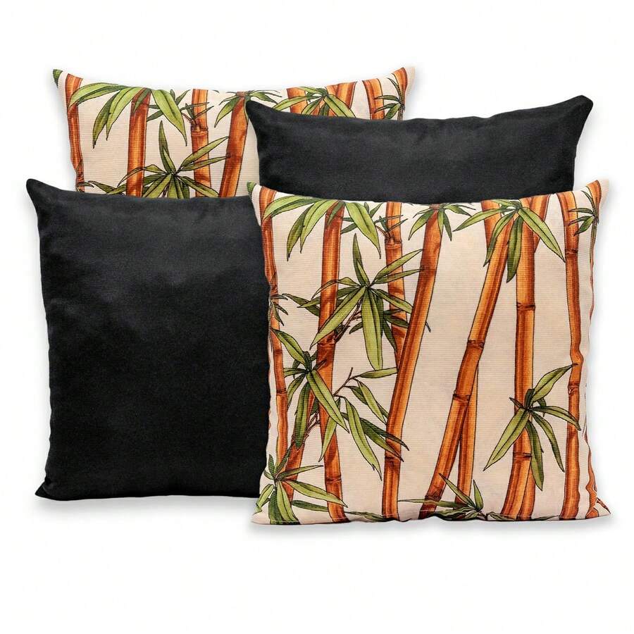 Kit Of 4 Cushion Covers 40cmx40cm Plain And Printed Gorgurinho - 竹色/黑色 - 查看 1