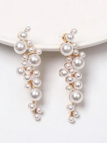 Faux Pearl Earrings, Geometric Rhinestone Inlaid Pearl Decor Alloy Earrings, Versatile Accessory
