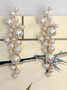 Faux Pearl Earrings, Geometric Rhinestone Inlaid Pearl Decor Alloy Earrings, Versatile Accessory