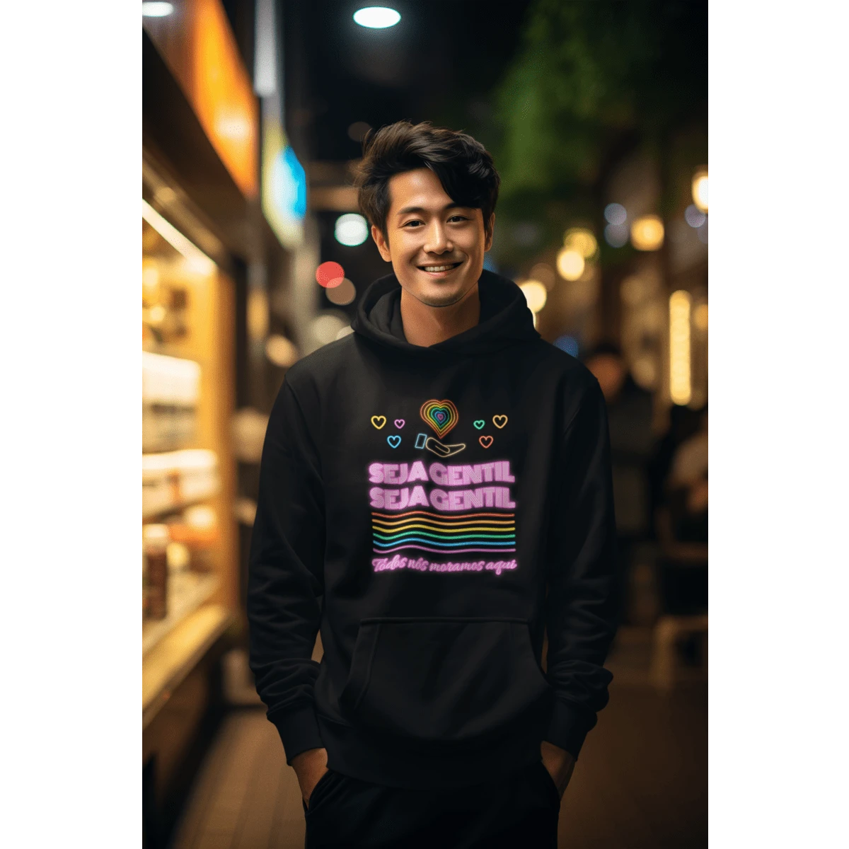 Blusa Moletom Canguru Com Capuz Seja Gentil Moramos Aqui LGBTQIA+