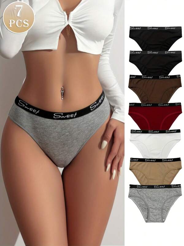 7 piezas/paquete Braguitas deportivas de triángulo cómodas informales con impresión femenina dulce para mujeres