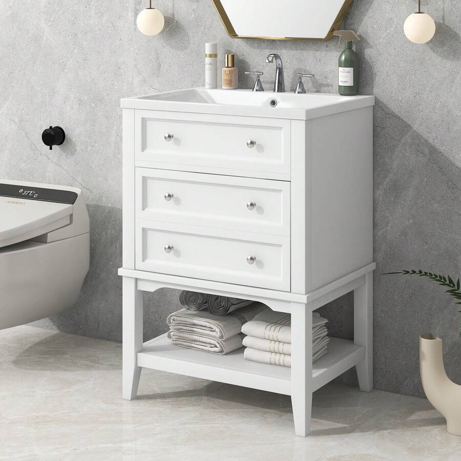 24" Bathroom Vanity With Ceramic Sink, Open Shelf Ample Storage Space, Easy Assembly, Bathroom Storage Cabinet With Drawer For Bathroom - Branco - Visão 1