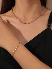 2 piezas/set Simple y de moda collar y pulsera de gargantilla de diamantes de imitación para mujer, accesorio diario que combina con todo - Amarillo Oro - Ver 1