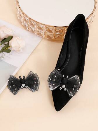 1 paire de pinces à chaussures de style coréen avec nœud en maille noire et strass brillants détachables, convient pour les sandales, les talons et les chaussures décontractées