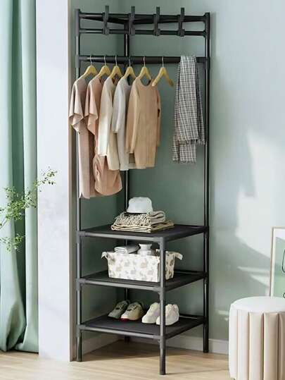 Black 2-3 Tier Standing Clothes & Hat Storage Rack With Hooks For Bedroom, Multilayered Shelf Organizer For Clothes, Bags And Shoes
