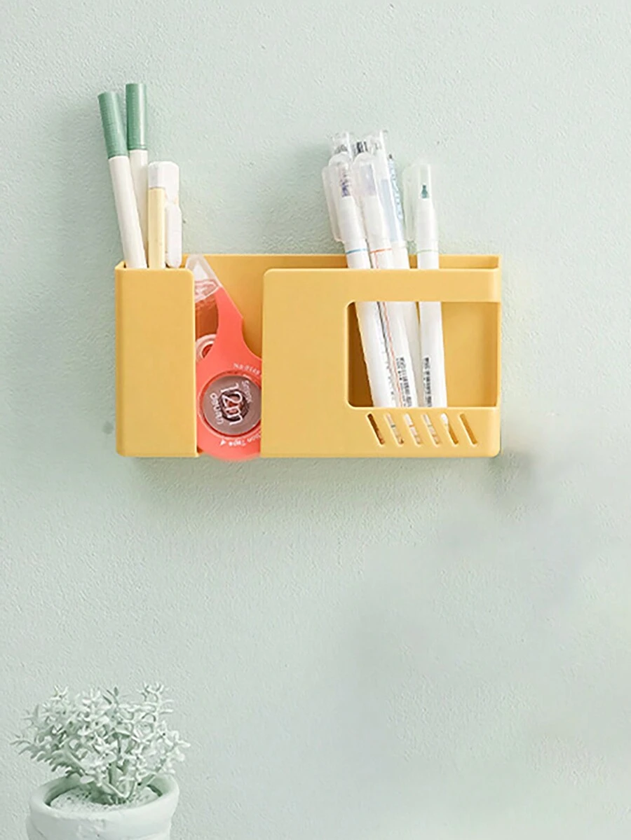 1pc Wall Mounted Storage Box For TV & Air Conditioner Remote Control, Phone Charging And Small Item Storage, No-Drill And Damage-Free - Yellow - View 1