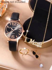 5Pcs/Set Ladies Watch Women's Pu Strap Quartz Watch With Bejeweled Dial And Rhinestone Necklace Earings Rings & Ruby Accessories Gift Set Suitable For Daily Wear, Back-To-School Season, Graduation Season, Thanksgiving, Couples, The Best Gifts Watch Box Not Included