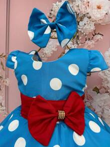 Vestido Infantil Temático Galinha Pintadinha Azul Bolinha Branca Com Presilha e Laço Vermelho 1.2.3 - Azul - Visão 2