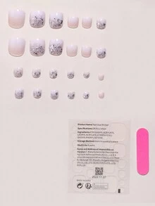 24 piezas de uñas cuadradas de estilo dulce en degradado de tonos nude y blanco lechoso con brillo plateado, diseño con cuentas de vidrio y ojo de gato, adecuado para llevar en festivales y como regalo, incluye 1 lima de uñas y 1 gel de gelatina, uñas postizas suministros de uñas - Multicolor - Ver 2