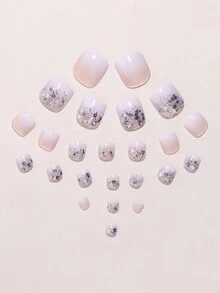 24 piezas de uñas cuadradas de estilo dulce en degradado de tonos nude y blanco lechoso con brillo plateado, diseño con cuentas de vidrio y ojo de gato, adecuado para llevar en festivales y como regalo, incluye 1 lima de uñas y 1 gel de gelatina, uñas postizas suministros de uñas - Multicolor - Ver 7