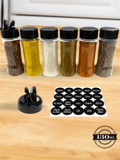Kit 6 Porta Tempero de Plástico 130ml Com Tampa Dosadora Única Para Especiarias, Ervas, Sal, Temperos, Condimentos, Grãos Pequenos + Etiqueta