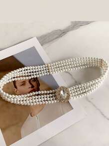 Elegancki, damski pasek z białych pereł z klamrą ze strasów i kwiatowym detalem do dekoracji sukienki, regulowany, elastyczny pas, nadaje się do noszenia na co dzień, jesienią, na Halloween - Biały - Zobacz 3