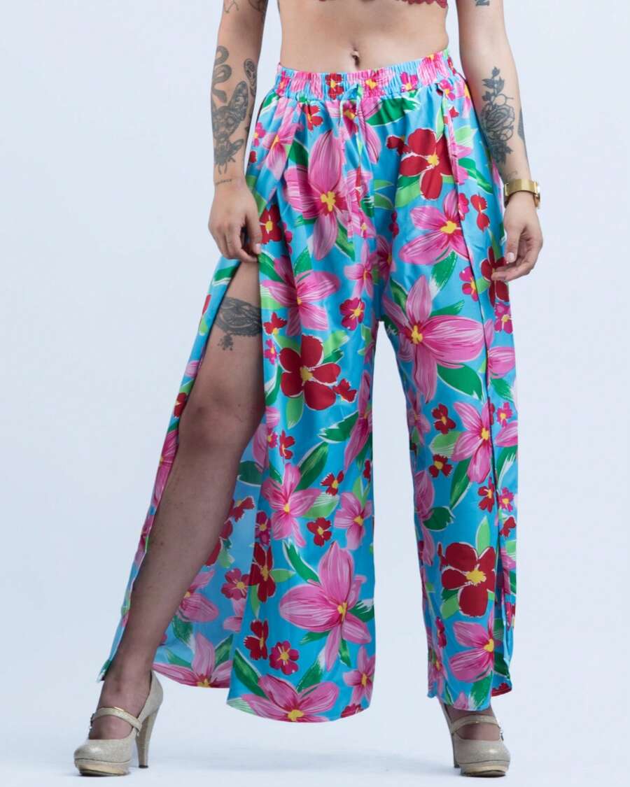 Pantalones Flojos De Pierna Ancha Con Estampado Floral Con Abertura Lateral - Morado - Ver 1