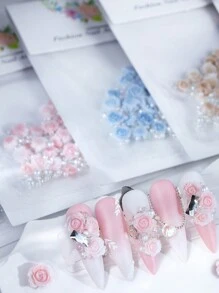 30件/包情人节3D玫瑰花指甲饰水钻装饰混合仿真珍珠饰美甲配件春季美甲用品指甲宝石