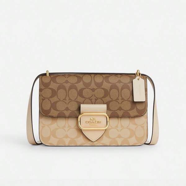 Coach Bolso bandolera grande cuadrado modelo Morgan de lona con logotipo en bloques, bolso de hombro, bolso con solapa, bolso satchel, CM089 IMOT4