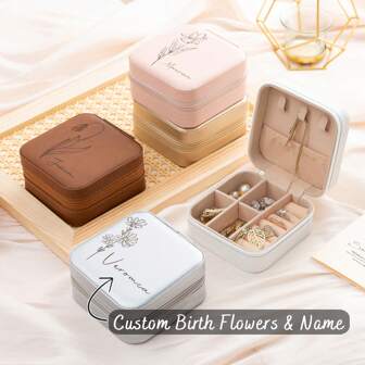 1PC Customized Birth Flowers Jewelry Box, Personalized Women's Name Jewelry Storage Box, Laser Engraving Leather Jewelry Travel Case, Perfect Gift For Wedding Bridesmaid, Bridal Shower Party, Thank You Gift, Best Friend, Mother's Day, Girlfriend, Anniversary. Multi-Functional,Space-Saving,Reusable, Ornamental Exquisite,Stylish,Fashionable,Colorful,Vintage Custom,Personalized,Unique Ideal Gifts,Festive Calendar