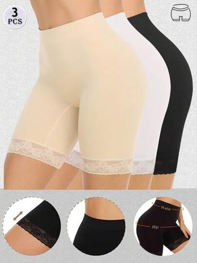 3 piezas Shorts de ciclismo con ribete de encaje, shorts interiores para mujer, leggings cómodos, lisos y elásticos sin costuras, que se pueden combinar con vestidos