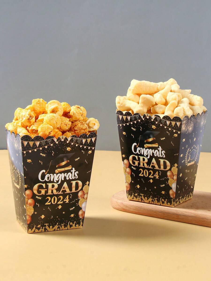 6 piezas Cajas negras y doradas para alimentos con estilo de temporada de graduación, decoración de mesa y habitación para fiesta de graduación con cajas para papas fritas, palomitas y baldes para regalos de graduación - oro negro - Ver 1