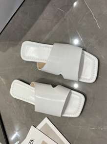 Flache Sandalen für Damen mit niedrigem Absatz, Slipper, offene/zehenquadratische Spitze, leichte weiße Hausschuhe für Strandurlaube