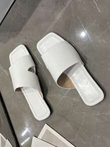 Flache Sandalen für Damen mit niedrigem Absatz, Slipper, offene/zehenquadratische Spitze, leichte weiße Hausschuhe für Strandurlaube