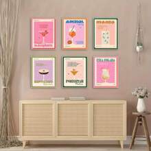 6 pièces Œuvre murale sur canevas d'art mural de boissons cocktail rétro, décoration murale de boissons colorées, peinture murale d'œuvre d'art esthétique de chambre préparatoire mignonne, pour la décoration murale du salon, de la chambre, de la salle de bain, du restaurant, du bar, du couloir, de la cuisine. Cadre en option.