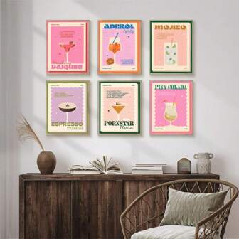 6pcs Retro Cocktail Drinks Canvas Wall Art, Colorful Juice Drinks Wall Decor, Cute Preppy Room Aesthetic Artwork Wall Painting, For Living Room Bedroom Bathroom Restaurant Bar Hallway Kitchen Wall Decor, Optional Frame, Wall Art With Frame